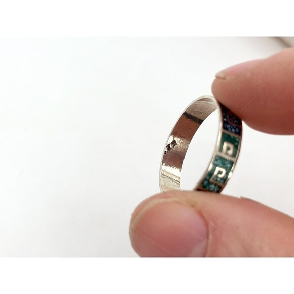 Mexican Made Mosaic Turquoise Inlaid Vintage Sterling Geometric Ring - sz 7.25 - Picture 6 of 7
